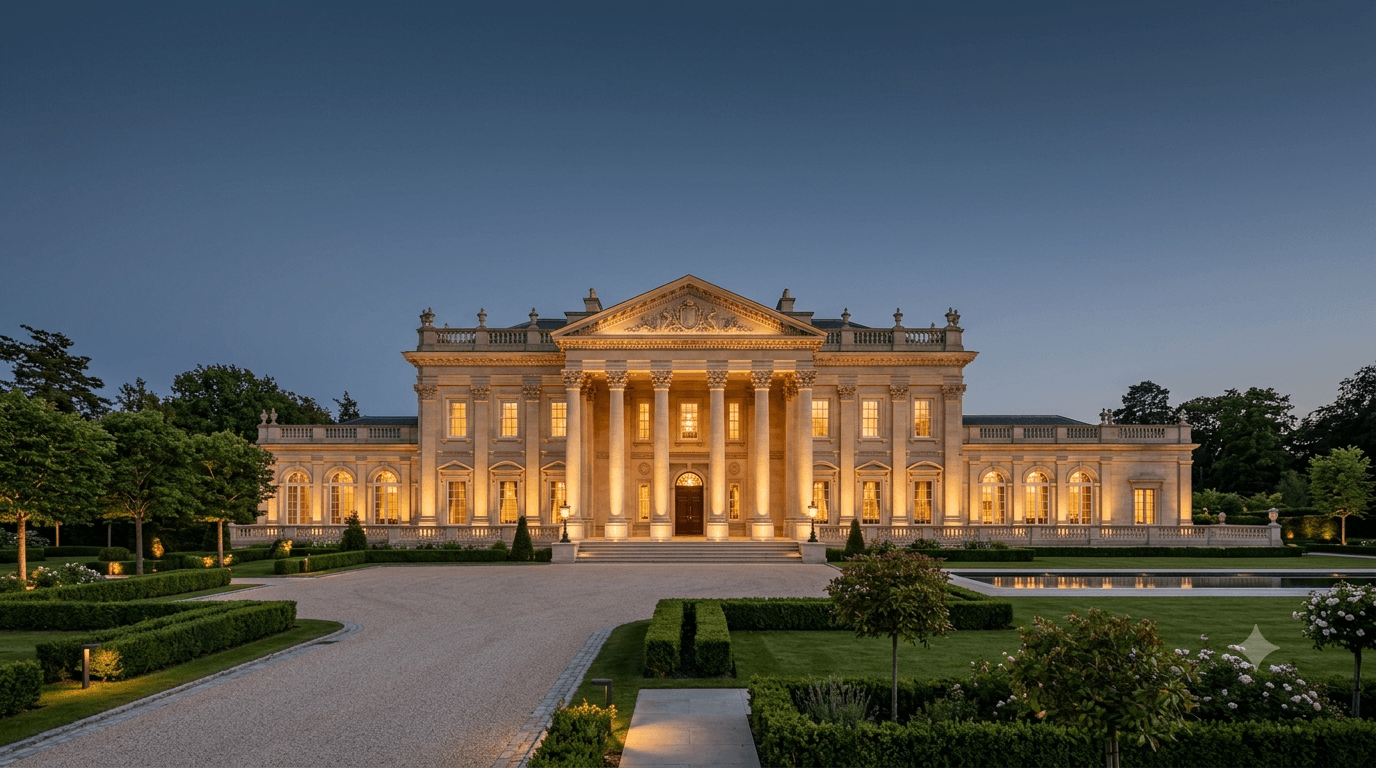 Neoclassical luxury architecture at dusk